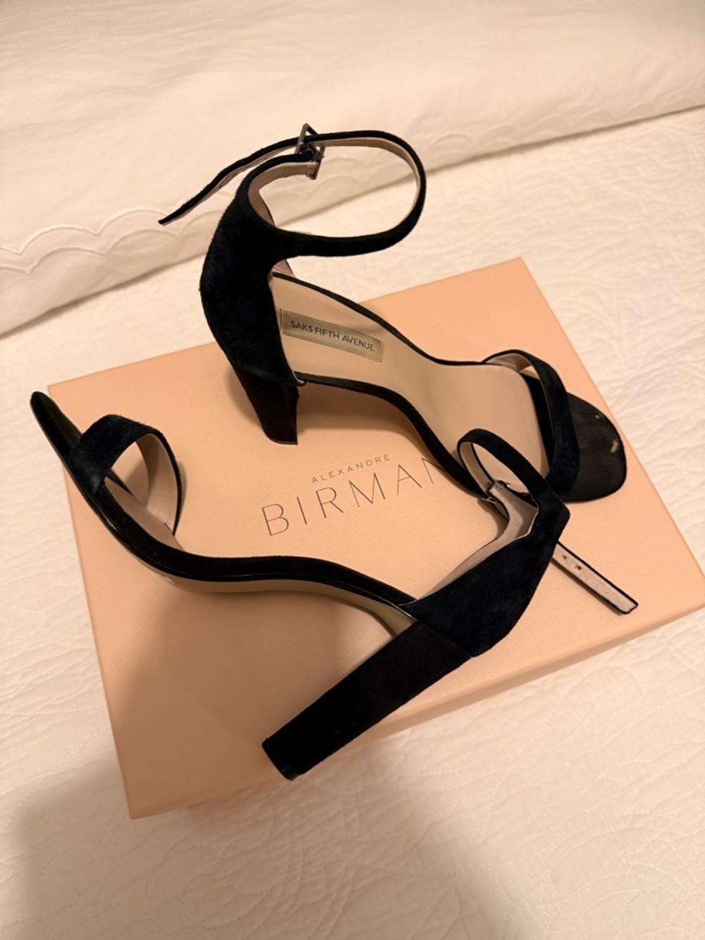 Saks Fifth Avenue Black Suede Block-Heel Ankle-Strap Sandals